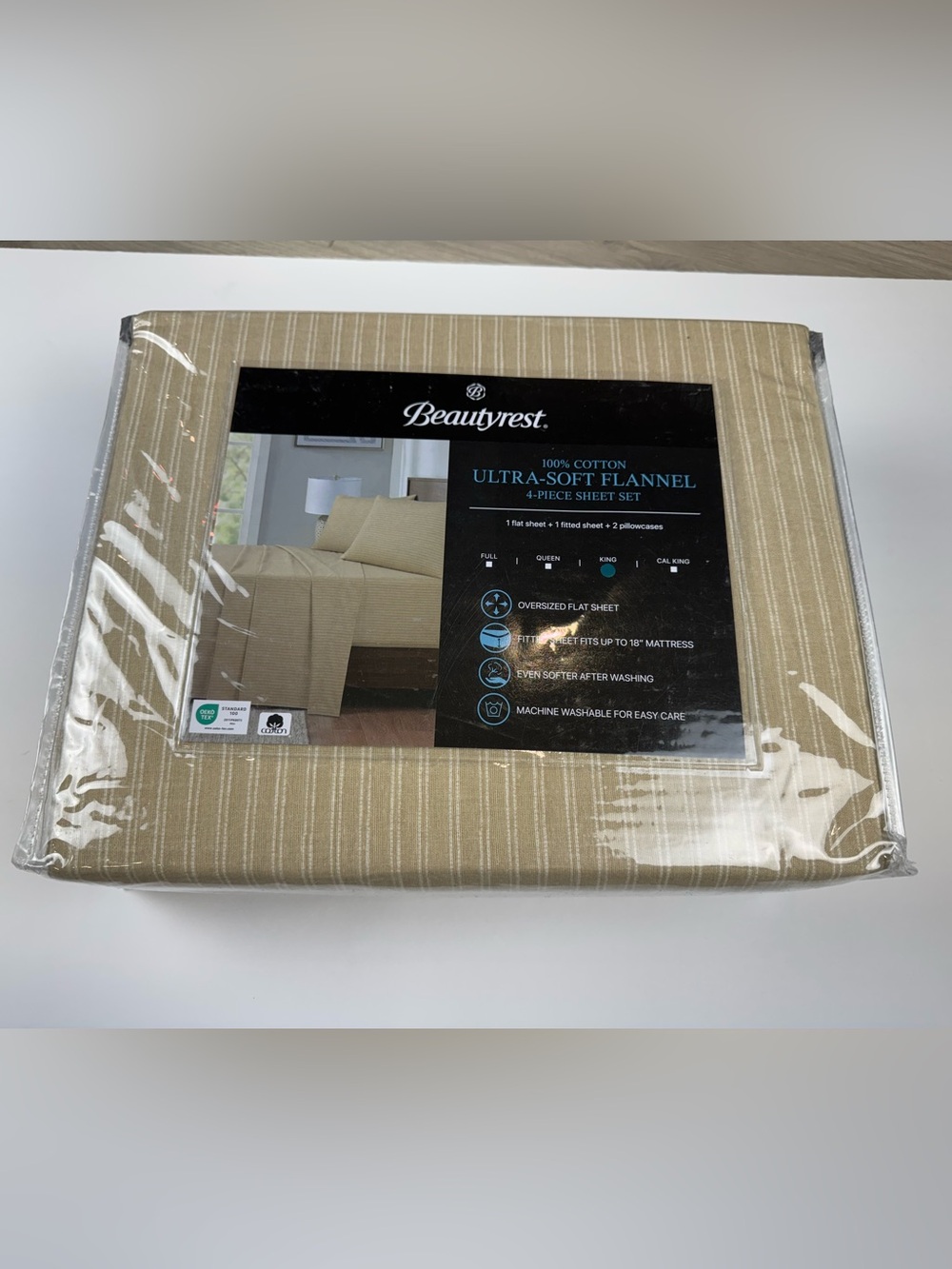 Beautyrest Flannel King Beige Stripe Sheets New